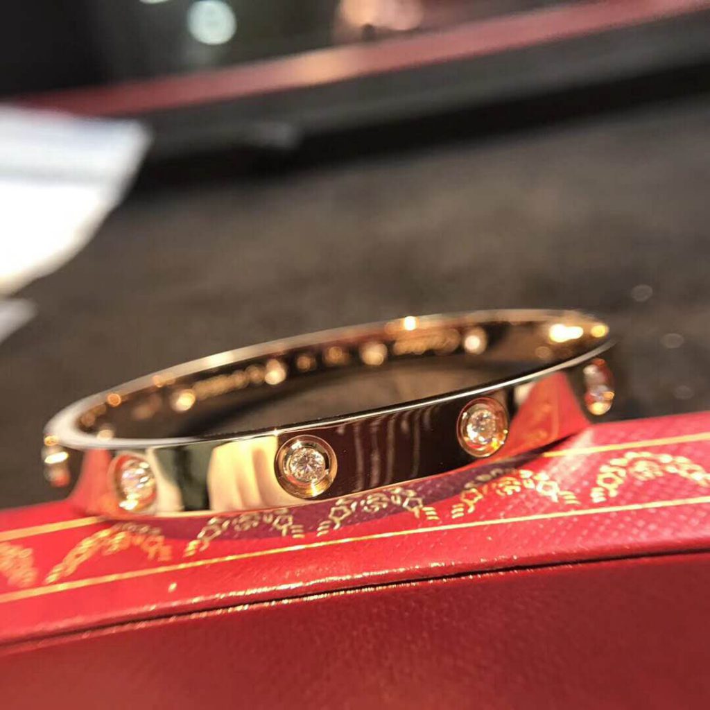 cartier love bracelet pink gold plated real with 10 Diamonds replica