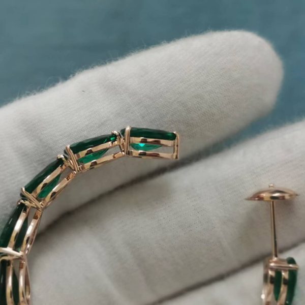14K Gold Emerald Pear Shape Big Hoops Earring