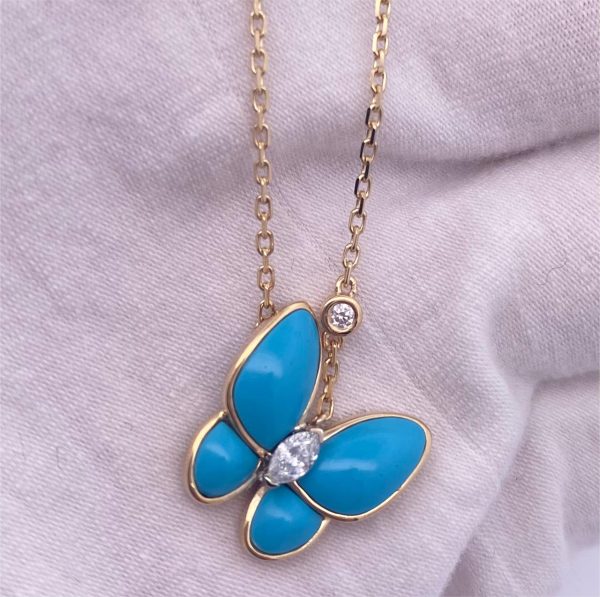 Turquoise Two Butterfly Pendant 18K Yellow gold