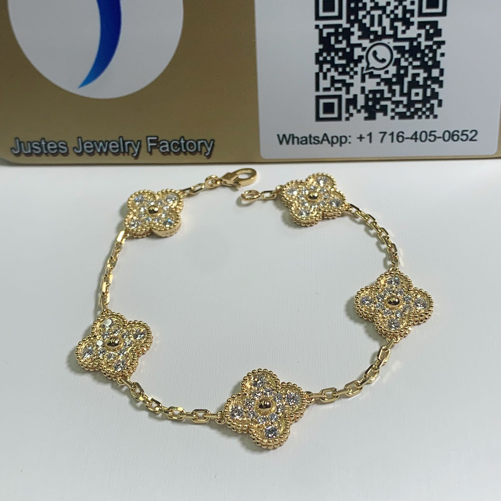  18K Yellow Gold Alhambra Bracelet 5 Motifs With Diamond